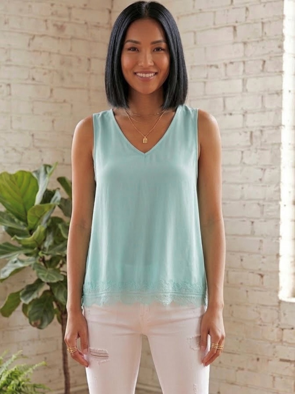Sleeveless V-Neck Lace-Hem Tank Top